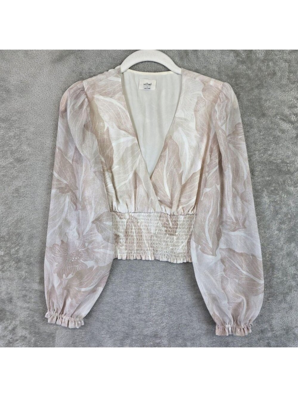 Wilfred Blouse Womens S Beige Floral V Neck Puff Sleeve Cropped Smocked Waist